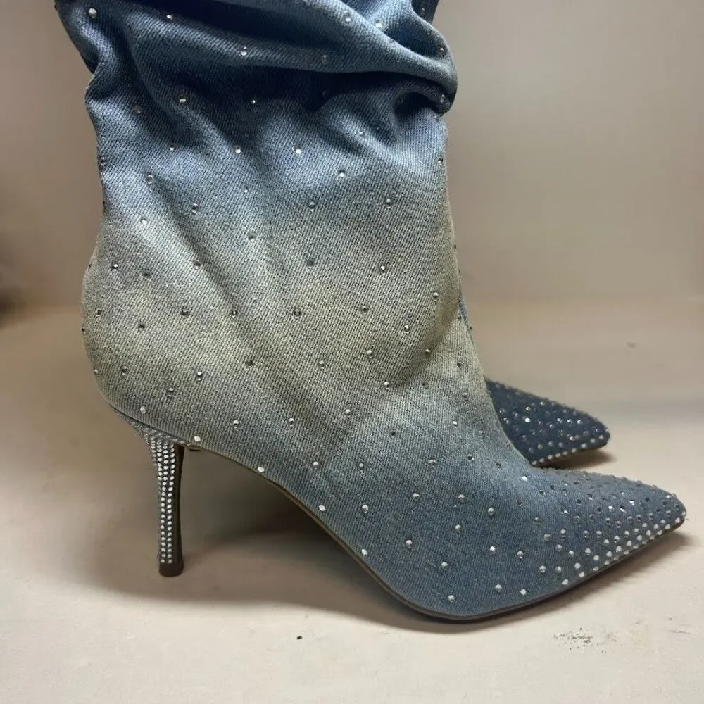 Thalia Sodi Women 6 M Denim Rhinestone Raquell Slouch Pointed Toe Boots NIB QJ3